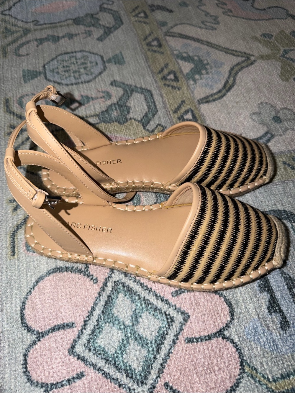 Marc Fisher Tan and Black Striped Espadrille Slingback Flats